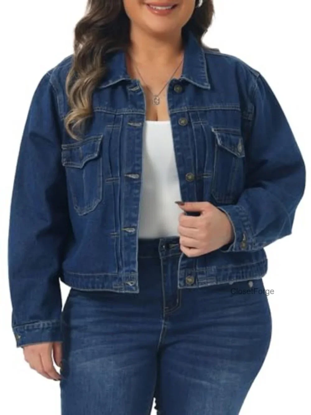 Plus Size Denim Jacket Long Sleeve Button Down Trucker with Pockets